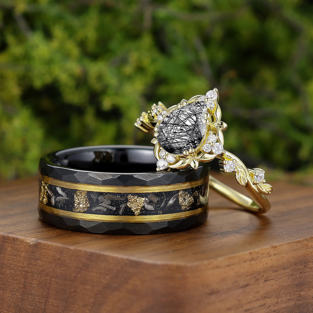 Vintage Floral Engraved Pear Black Rutilated Quartz Pair of Rings for Couples Wedding Ring Set -  Esdomera.com