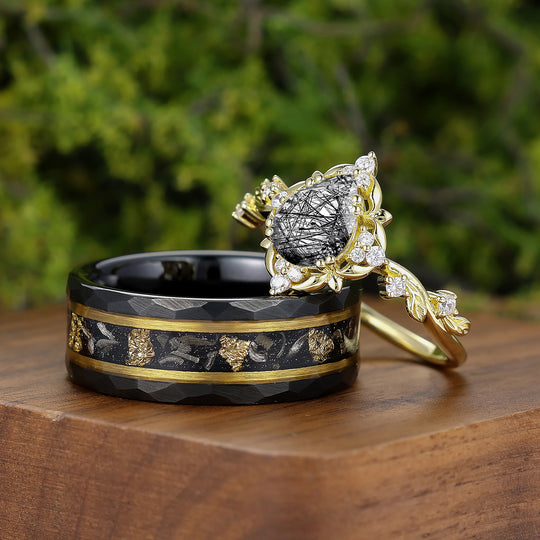 Vintage Floral Engraved Pear Black Rutilated Quartz Pair of Rings for Couples Wedding Ring Set -  Esdomera.com