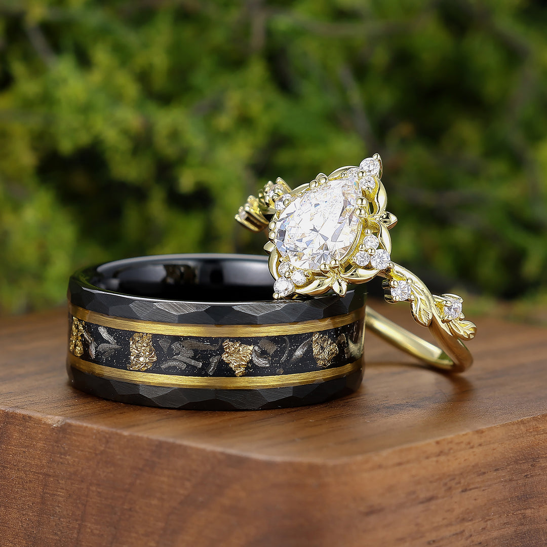 Natural Inspired 1.3CT Pear Moissanite Couple Rings Silver And Tungsten His And Hers Ring Set -  Esdomera.com
