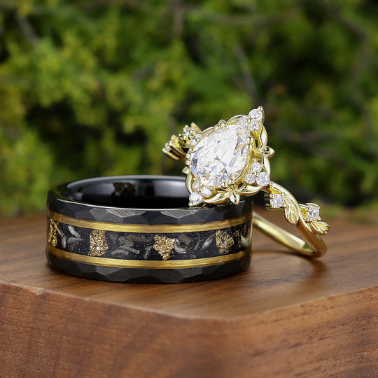 Natural Inspired 1.3CT Pear Moissanite Couple Rings Silver And Tungsten His And Hers Ring Set -  Esdomera.com