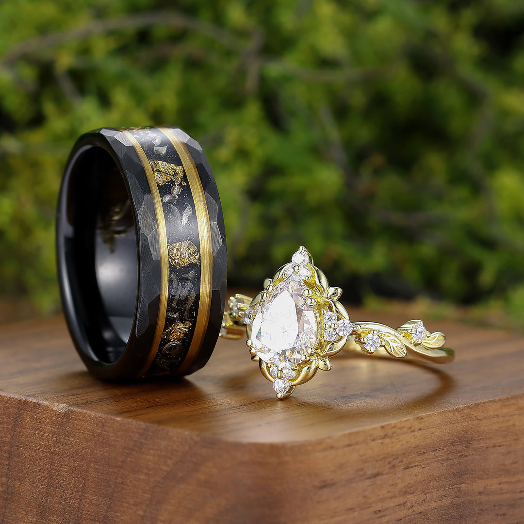Natural Inspired 1.3CT Pear Moissanite Couple Rings Silver And Tungsten His And Hers Ring Set -  Esdomera.com