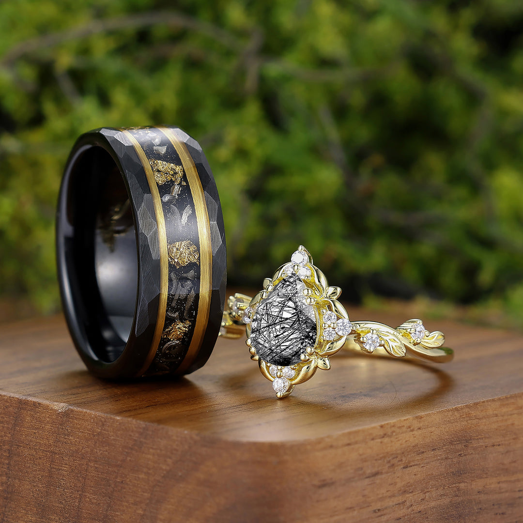 Vintage Floral Engraved Pear Black Rutilated Quartz Pair of Rings for Couples Wedding Ring Set -  Esdomera.com