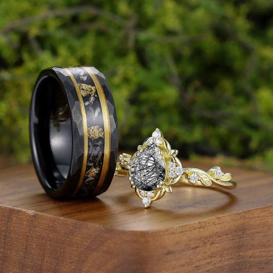 Vintage Floral Engraved Pear Black Rutilated Quartz Pair of Rings for Couples Wedding Ring Set -  Esdomera.com