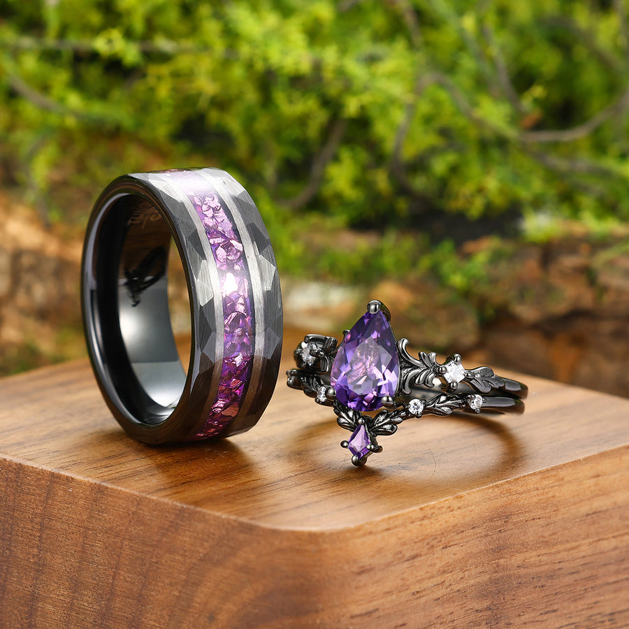 Dainty Amethyst Engraved Floral Engagement Couple Rings Set Matching Promise Purple Tungsten Wedding Band.