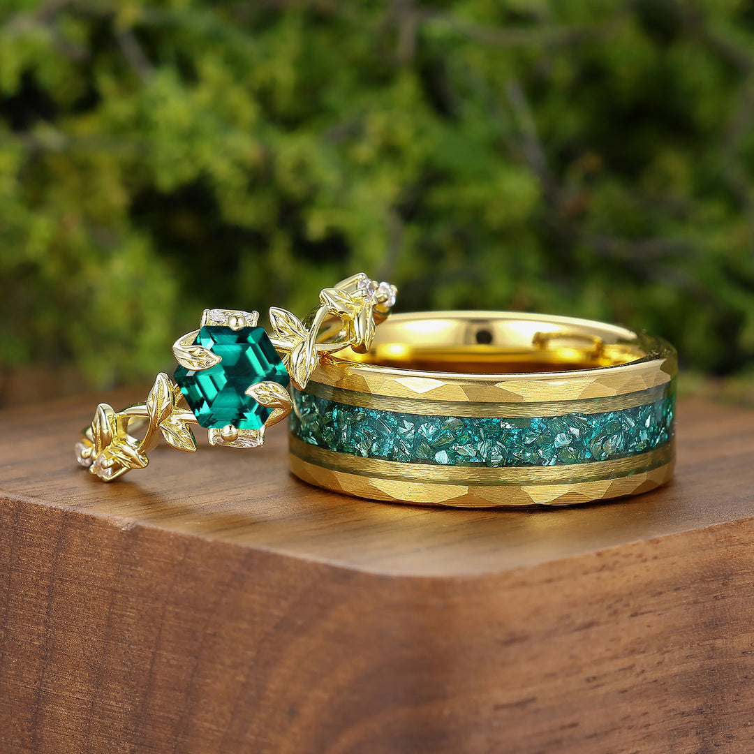 Unique Leaf Motif Prong Setting Hexagon Emerald Couple Rings S925 And Tungsten Ring Set -  Esdomera.com