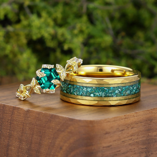 Unique Leaf Motif Prong Setting Hexagon Emerald Couple Rings S925 And Tungsten Ring Set -  Esdomera.com