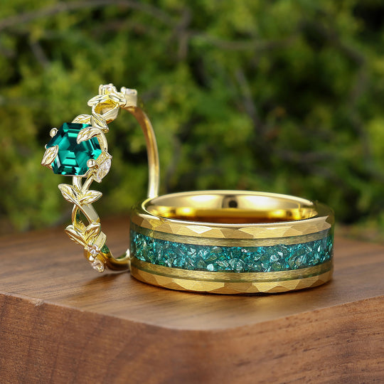 Unique Leaf Motif Prong Setting Hexagon Emerald Couple Rings S925 And Tungsten Ring Set -  Esdomera.com
