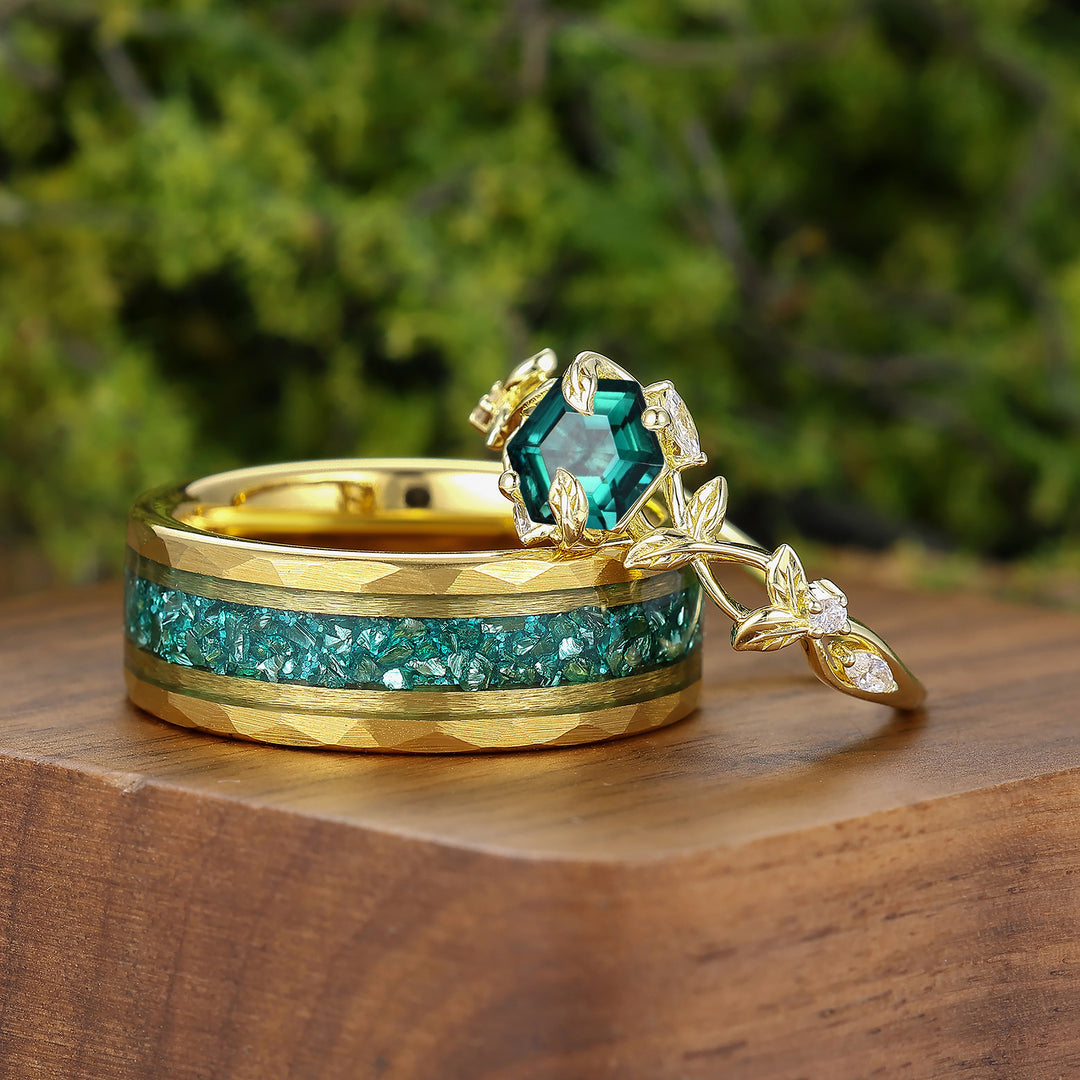 Unique Leaf Motif Prong Setting Hexagon Emerald Couple Rings S925 And Tungsten Ring Set -  Esdomera.com