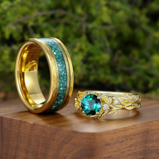 Vine Branch Design Round Emerald Couple Rings May Birthstone Gold Plated His And Hers Rings -  Esdomera.com