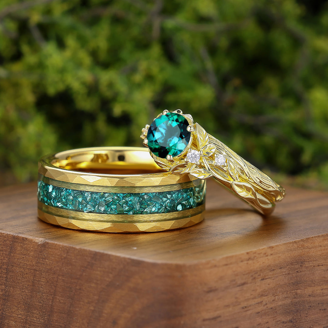 Vine Branch Design Round Emerald Couple Rings May Birthstone Gold Plated His And Hers Rings -  Esdomera.com