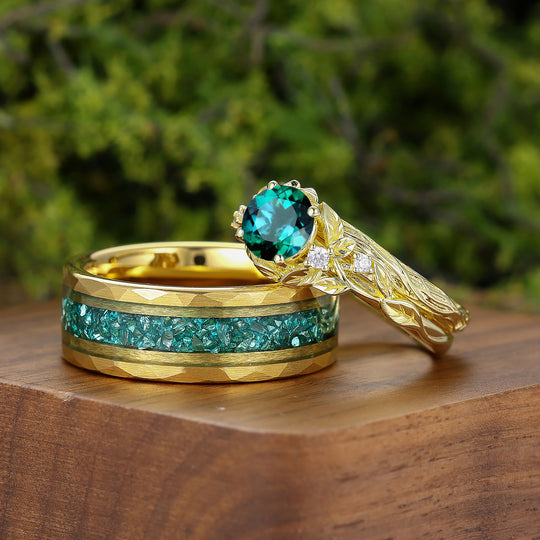 Vine Branch Design Round Emerald Couple Rings May Birthstone Gold Plated His And Hers Rings -  Esdomera.com