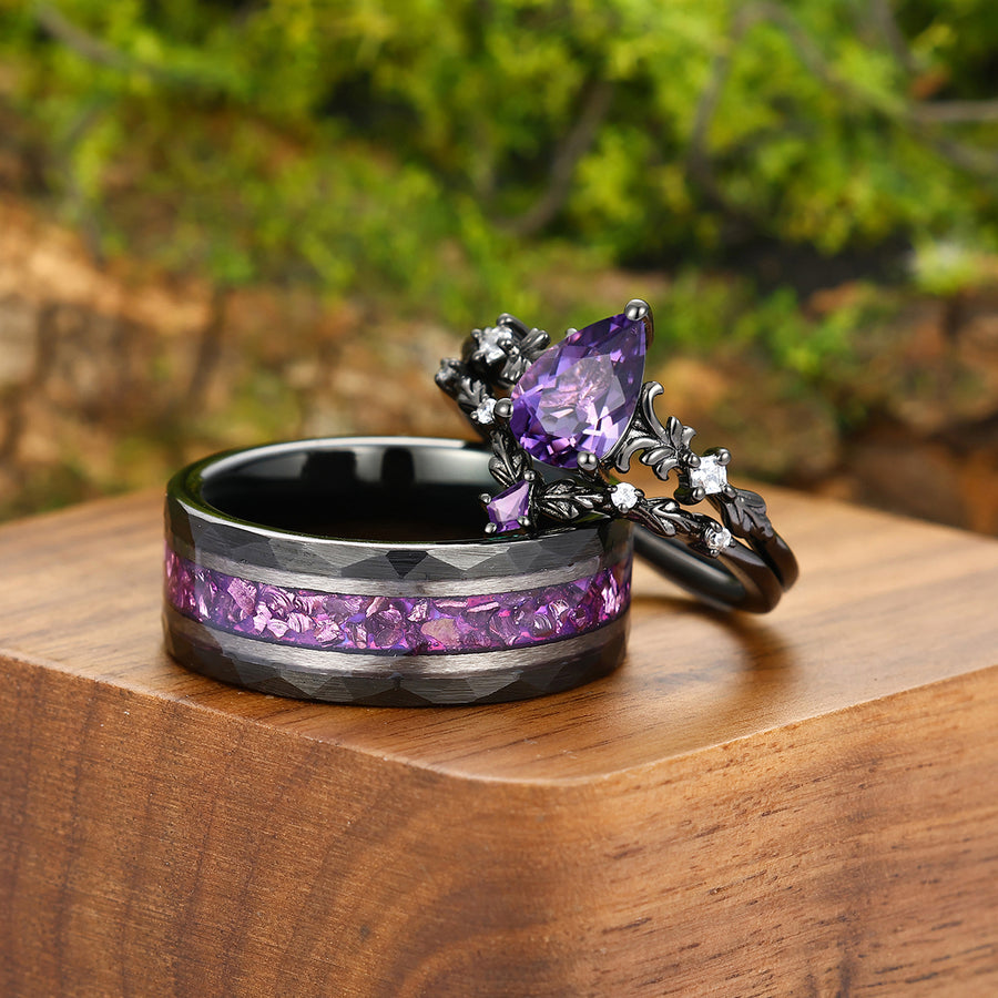 Dainty Amethyst Engraved Floral Engagement Couple Rings Set Matching Promise Purple Tungsten Wedding Band.
