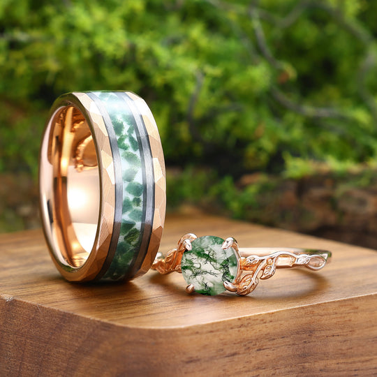 Set di anelli da coppia con foglia in agata muschio rotonda Solitaire Verde Muschio, anelli abbinati per lui e per lei