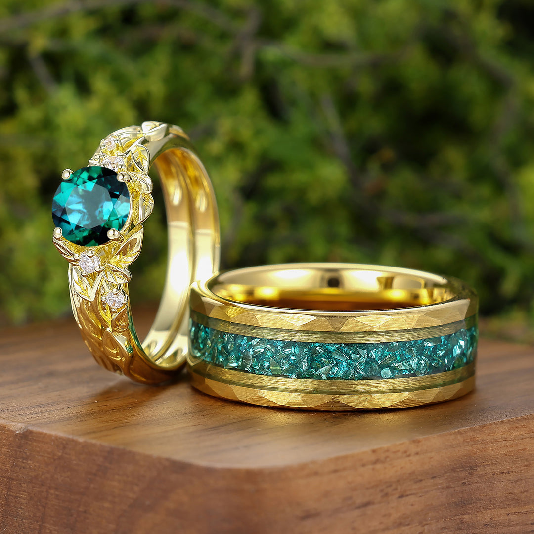 Vine Branch Design Round Emerald Couple Rings May Birthstone Gold Plated His And Hers Rings -  Esdomera.com