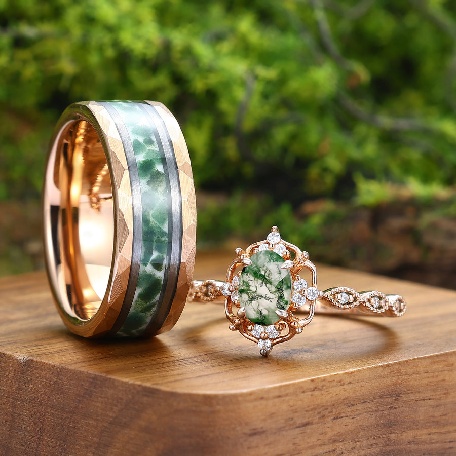 Antique Natural Moss Agate Floral Ring Matching Hammered Tungsten Couples Ring Set -  Esdomera.com