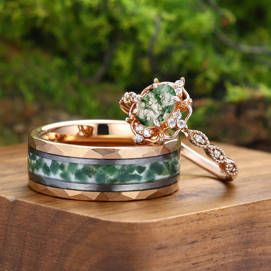 Antieke natuurlijke mosagaat bloemenring met bijpassende gehamerde wolfraam ringen – set voor koppels