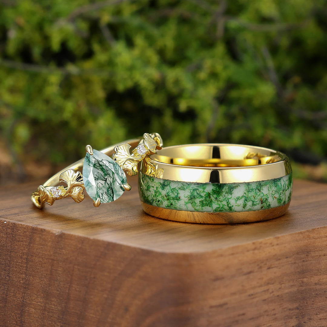 Ginkgo Branch Inspired Moss Agate His And Hers Ring Set Yellow Plated Band Couple Rings -  Esdomera.com