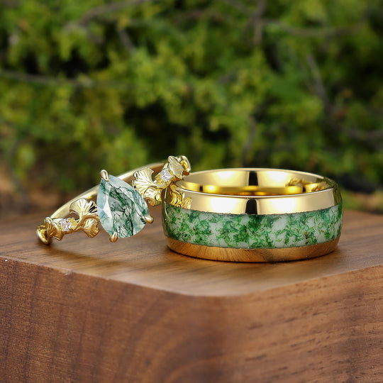 Ginkgo Branch Inspired Moss Agate His And Hers Ring Set Yellow Plated Band Couple Rings -  Esdomera.com