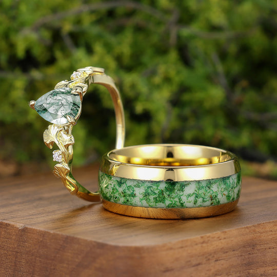 Ginkgo Branch Inspired Moss Agate His And Hers Ring Set Yellow Plated Band Couple Rings -  Esdomera.com