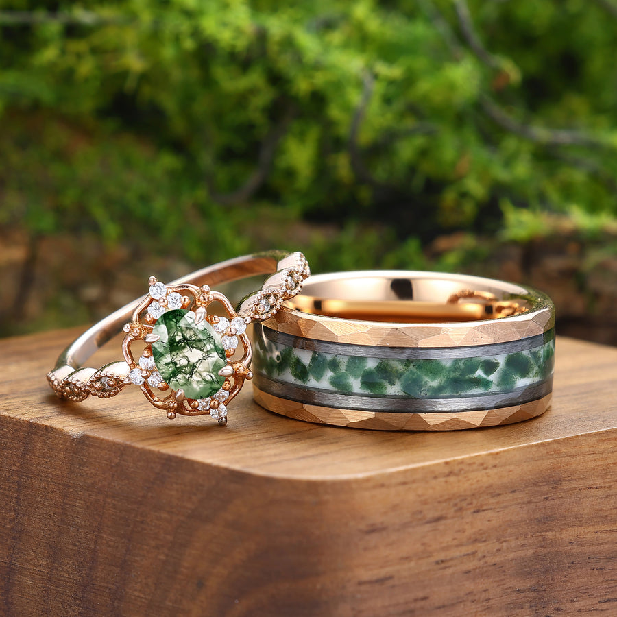 Antique Natural Moss Agate Floral Ring Matching Hammered Tungsten Couples Ring Set -  Esdomera.com