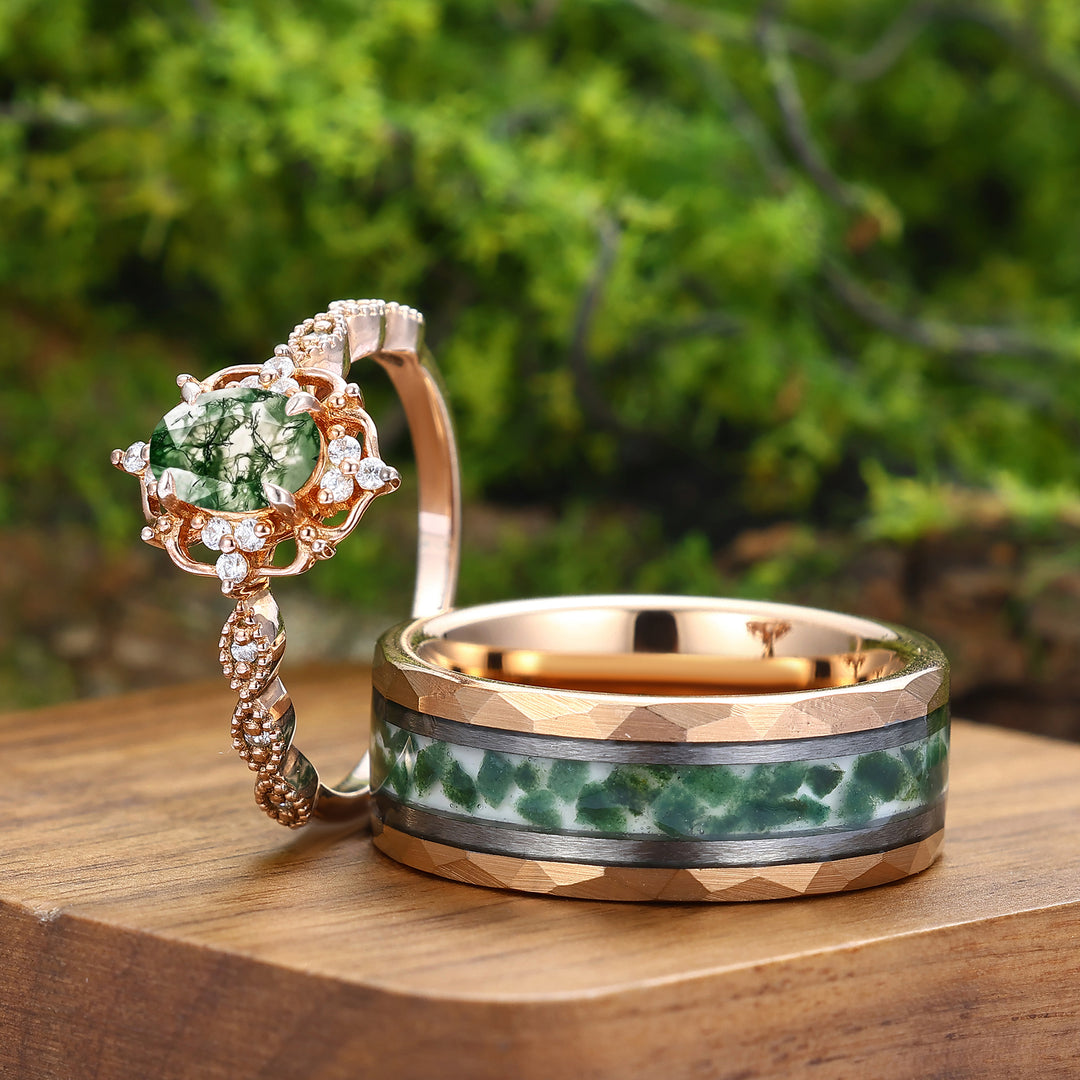 Antieke natuurlijke mosagaat bloemenring met bijpassende gehamerde wolfraam ringen – set voor koppels
