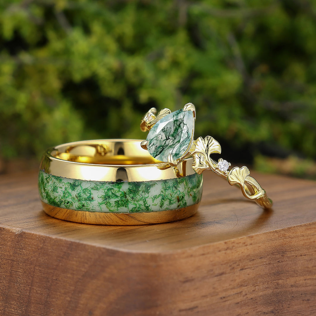 Ginkgo Branch Inspired Moss Agate His And Hers Ring Set Yellow Plated Band Couple Rings -  Esdomera.com