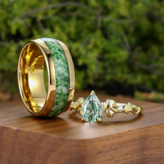 Ginkgo Branch Inspired Moss Agate His And Hers Ring Set Yellow Plated Band Couple Rings -  Esdomera.com