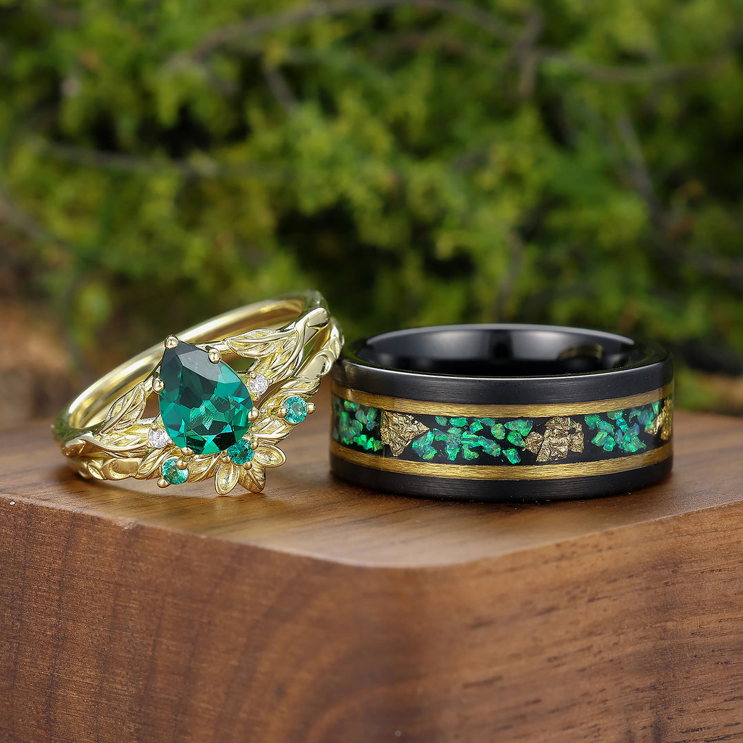 Unique Branch Design Pear Shape Emerald Leaf Engraved Couple Rings His And Hers Rings -  Esdomera.com