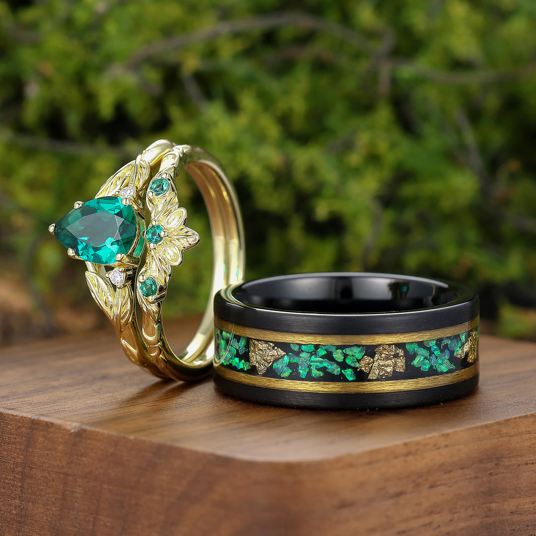 Unique Branch Design Pear Shape Emerald Leaf Engraved Couple Rings His And Hers Rings -  Esdomera.com