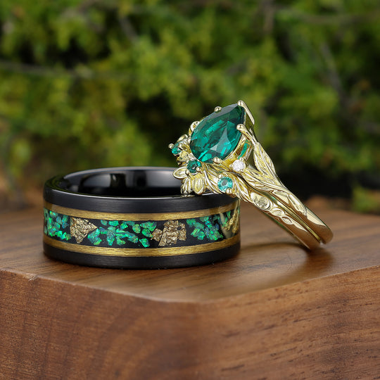 Unique Branch Design Pear Shape Emerald Leaf Engraved Couple Rings His And Hers Rings -  Esdomera.com