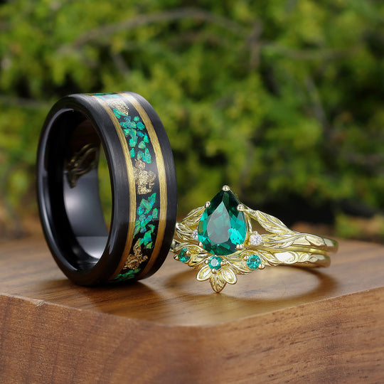 Unique Branch Design Pear Shape Emerald Leaf Engraved Couple Rings His And Hers Rings -  Esdomera.com