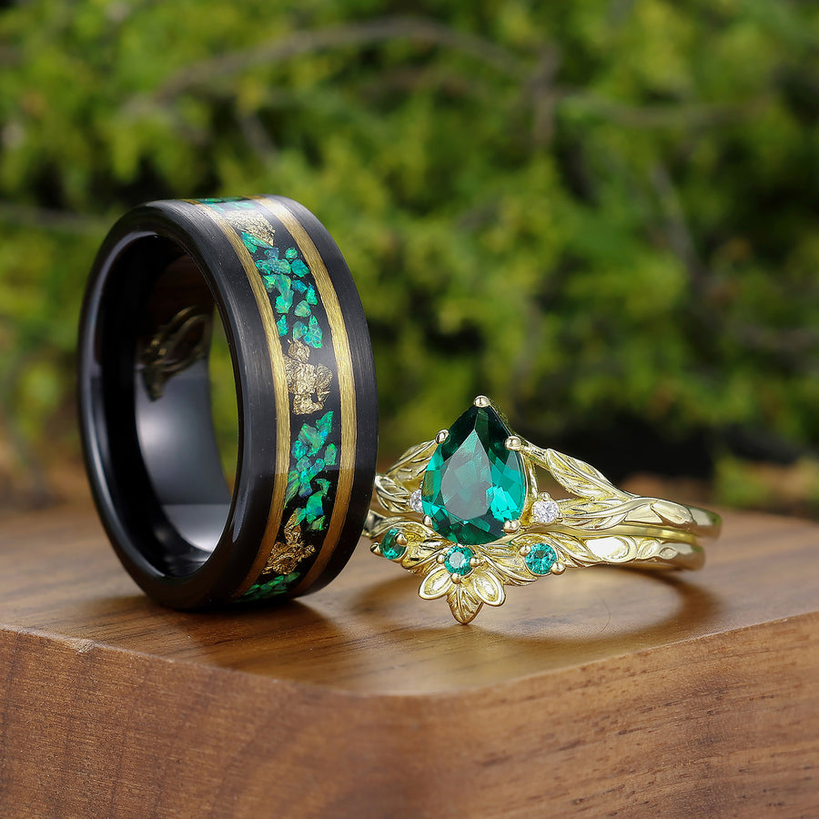 Unique Branch Design Pear Shape Emerald Leaf Engraved Couple Rings His And Hers Rings -  Esdomera.com