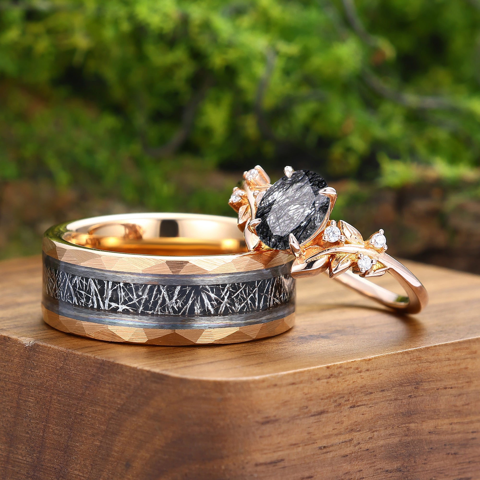 Black Rutilated Quartz Leaf Vine Couples Ring Set Matching Band