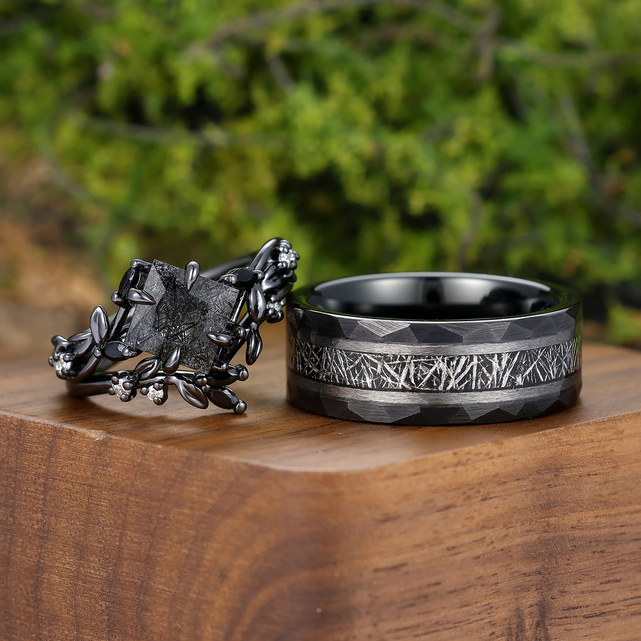 Leaf Engraving Princess Black Rutilated Quartz Couple Rings Black Plated His And Hers Ring Set -  Esdomera.com