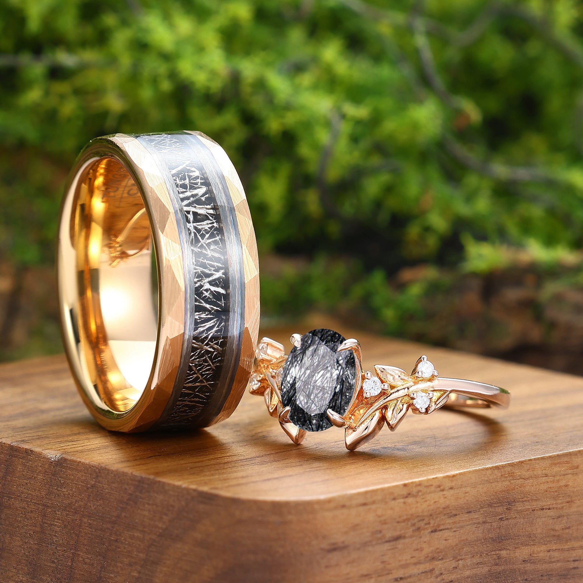 Black Rutilated Quartz Leaf Vine Couples Ring Set Matching Band For Me