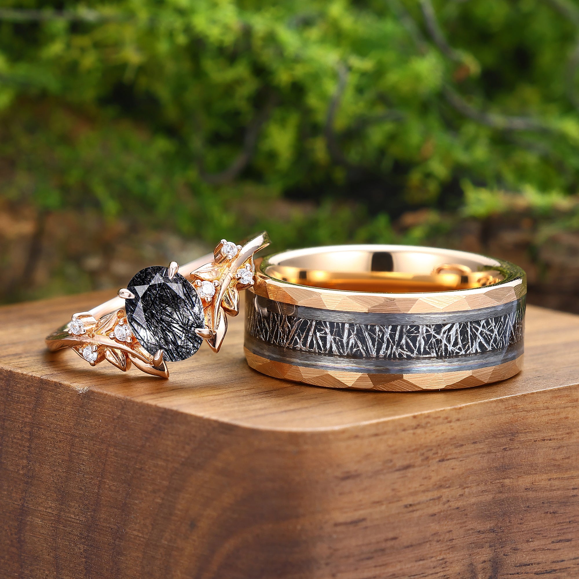 Black Rutilated Quartz Leaf Vine Couples Ring Set Matching Band