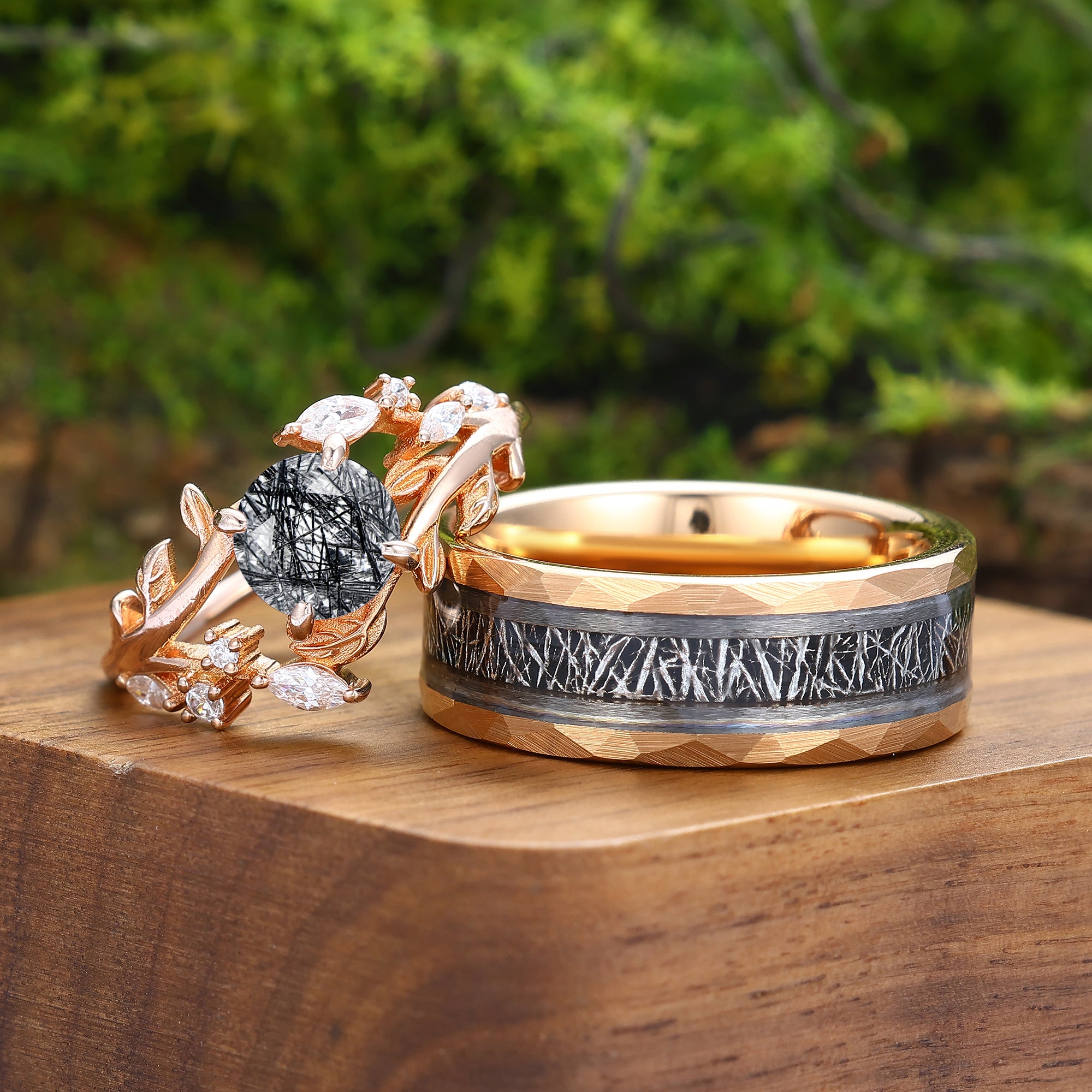 GUSTAPEL RING / DAME PHANTOM 2点セット Dainty Black Rutilated Quartz Leaf Couples Ring Set His and Hers Rose