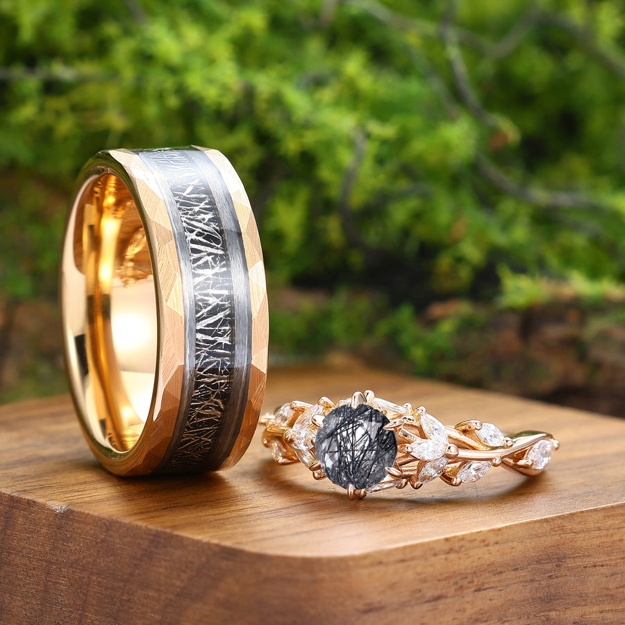 Conjunto de anillos para pareja de cuarzo rutilado negro inspirado en la naturaleza, chapado en oro rosa para él y para ella