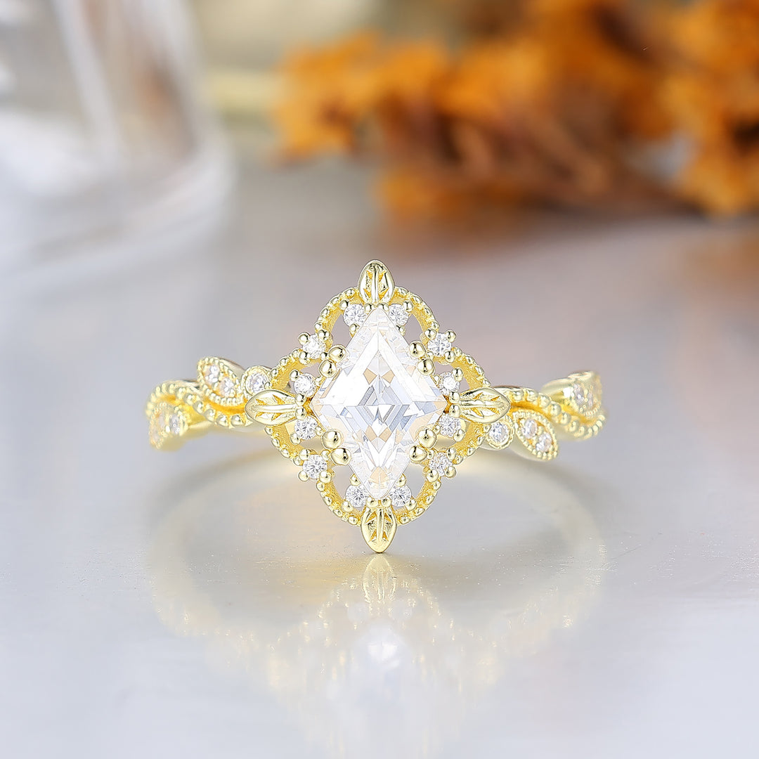 Romantic Milgrained Rhombus Cut Moissanite Wedding Ring Leaf And Floral Style Moissanite Engagement Ring
