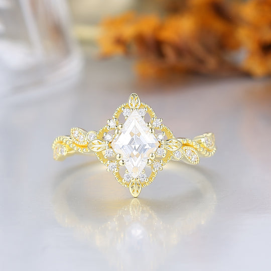 Romantic Milgrained Rhombus Cut Moissanite Wedding Ring Leaf And Floral Style Moissanite Engagement Ring