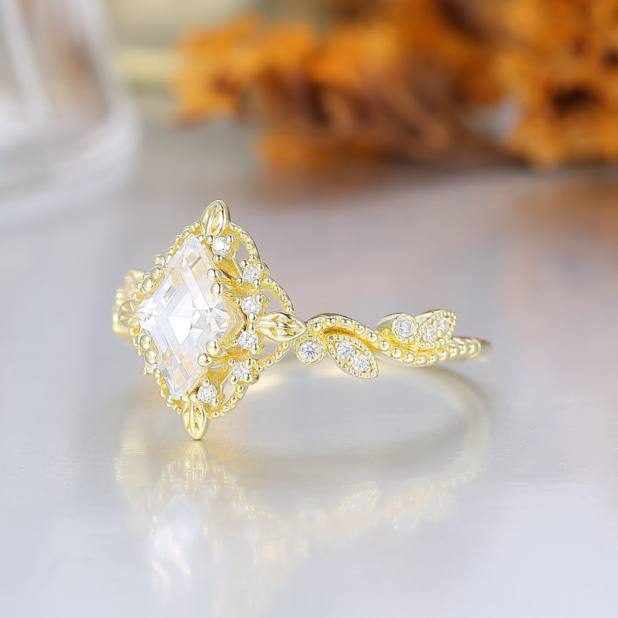 Romantic Milgrained Rhombus Cut Moissanite Wedding Ring Leaf And Floral Style Moissanite Engagement Ring