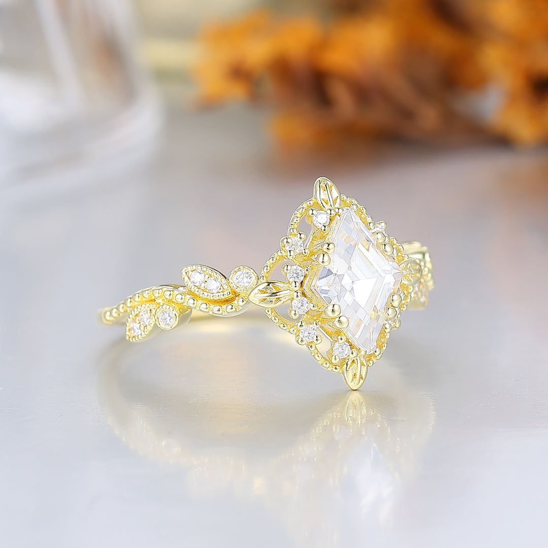 Romantic Milgrained Rhombus Cut Moissanite Wedding Ring Leaf And Floral Style Moissanite Engagement Ring