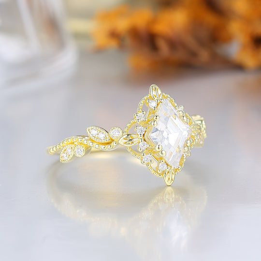 Romantic Milgrained Rhombus Cut Moissanite Wedding Ring Leaf And Floral Style Moissanite Engagement Ring