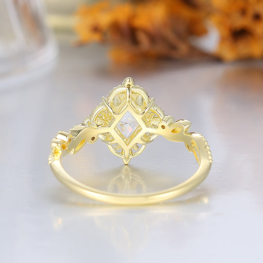 Romantic Milgrained Rhombus Cut Moissanite Wedding Ring Leaf And Floral Style Moissanite Engagement Ring