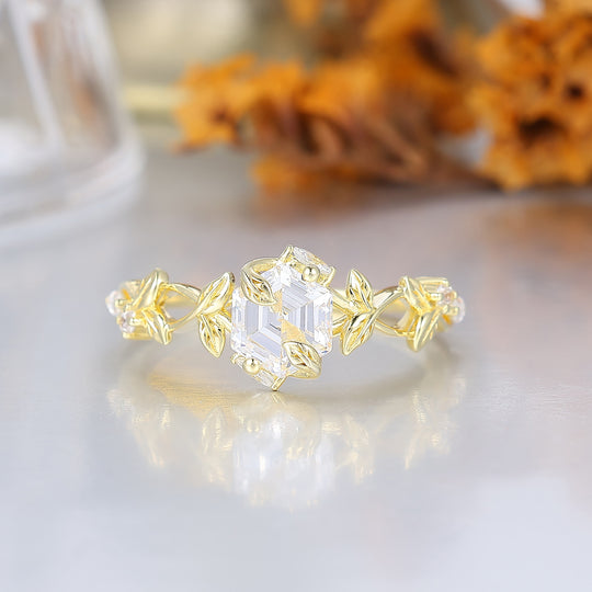 Botanical Leaf Prong Hexagon Cut Moissanite Engagement Ring Nature Inspired Moissanite Women Ring