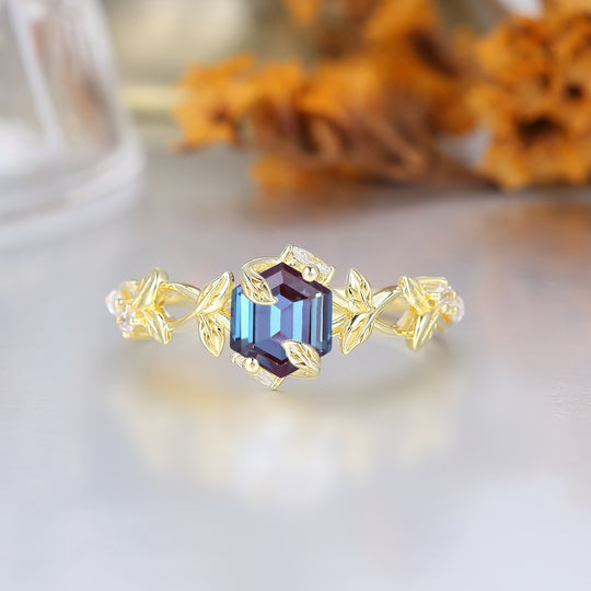 Leaf Elven-Inspired Hexagon Alexandrite Engagement Ring Enchanted Forest Alexandrite Women Marriage Ring