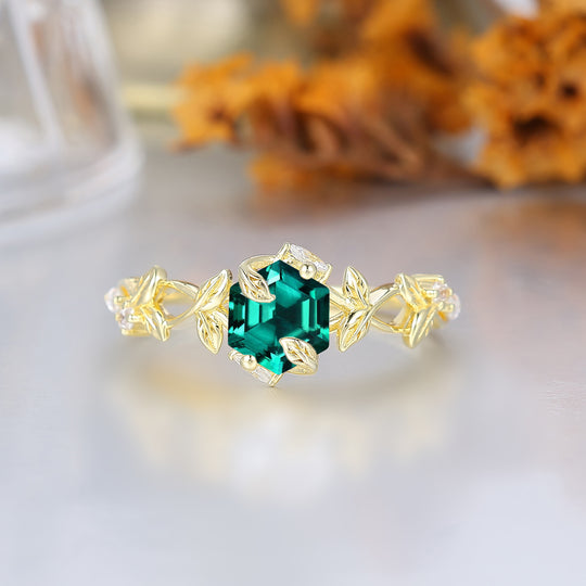 Anillo de compromiso para mujer con corte hexagonal, hiedra botánica y esmeralda, anillo de boda para ella con hoja esculpida y esmeralda