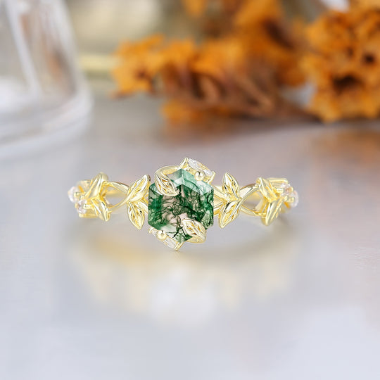 Bague de mariage en agate mousse hexagonale inspirée de la forêt pour femme, bague de fiançailles naturelle à feuilles entrelacées pour elle