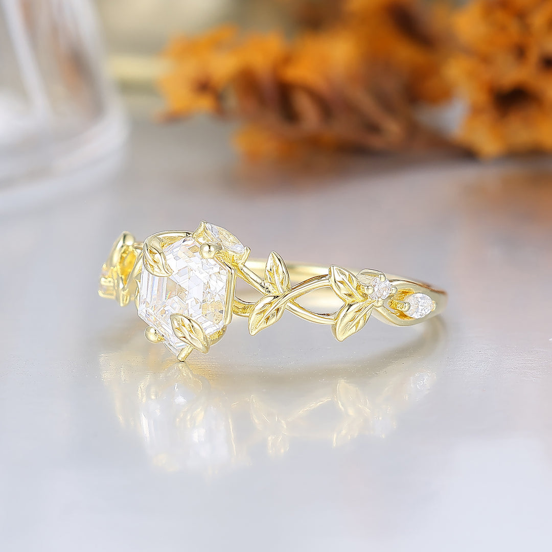 Botanical Leaf Prong Hexagon Cut Moissanite Engagement Ring Nature Inspired Moissanite Women Ring