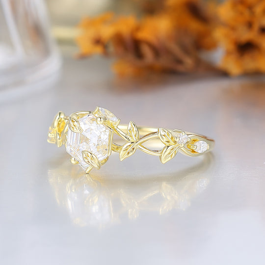 Botanical Leaf Prong Hexagon Cut Moissanite Engagement Ring Nature Inspired Moissanite Women Ring